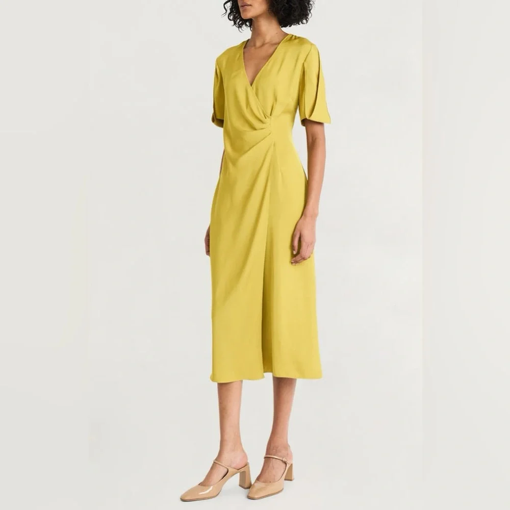 NEW Luxely Pleated Silky Chartreuse Wrap-Style Dress - Picture 4 of 8
